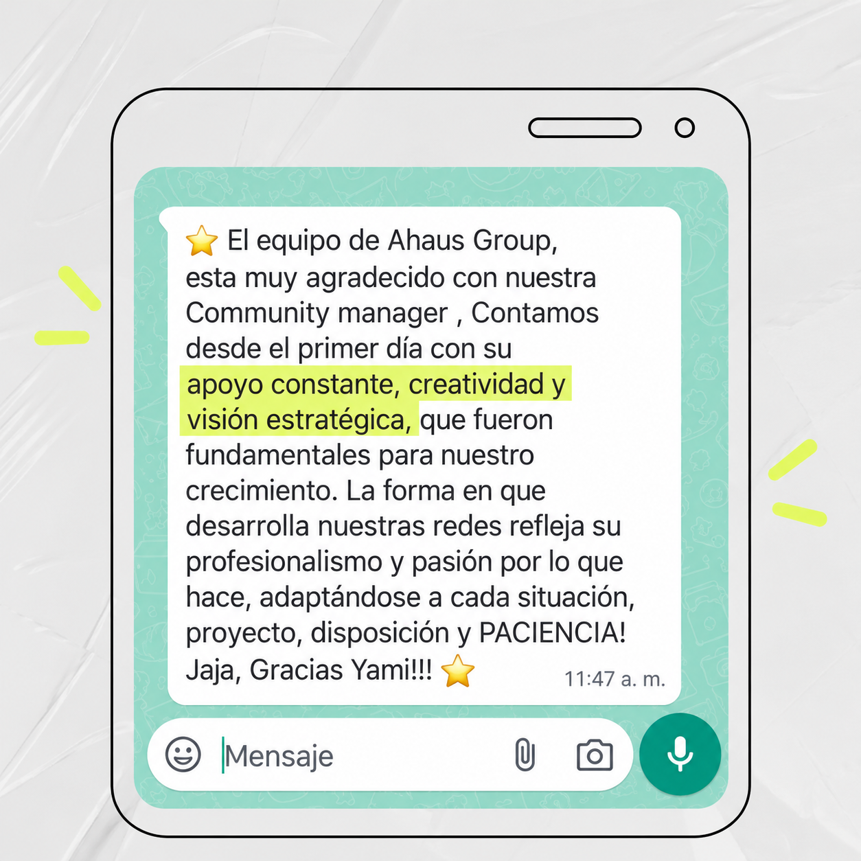 Testimonio del equipo de Ahaus Group: agradecen el apoyo constante, la creatividad y la visión estratégica, que fueron fundamentales para su crecimiento.